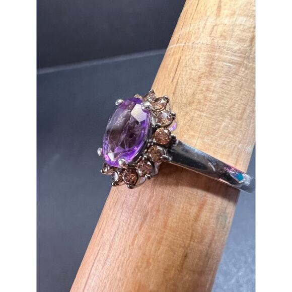 NEW Amethyst and brown zircon halo ring in platinum over sterling silver size 8 - Picture 10 of 16